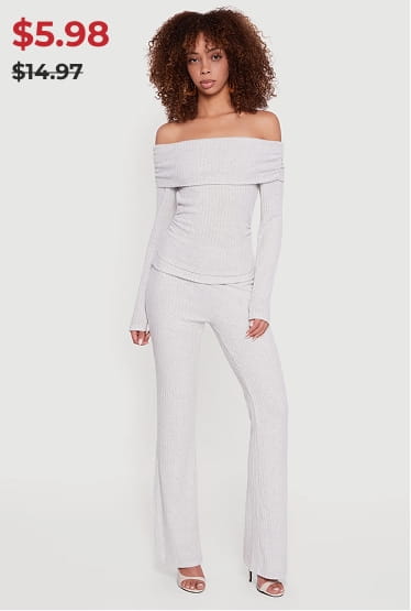 Shop Fold Over High Waisted Flare Leg Ribbed Knit Pants