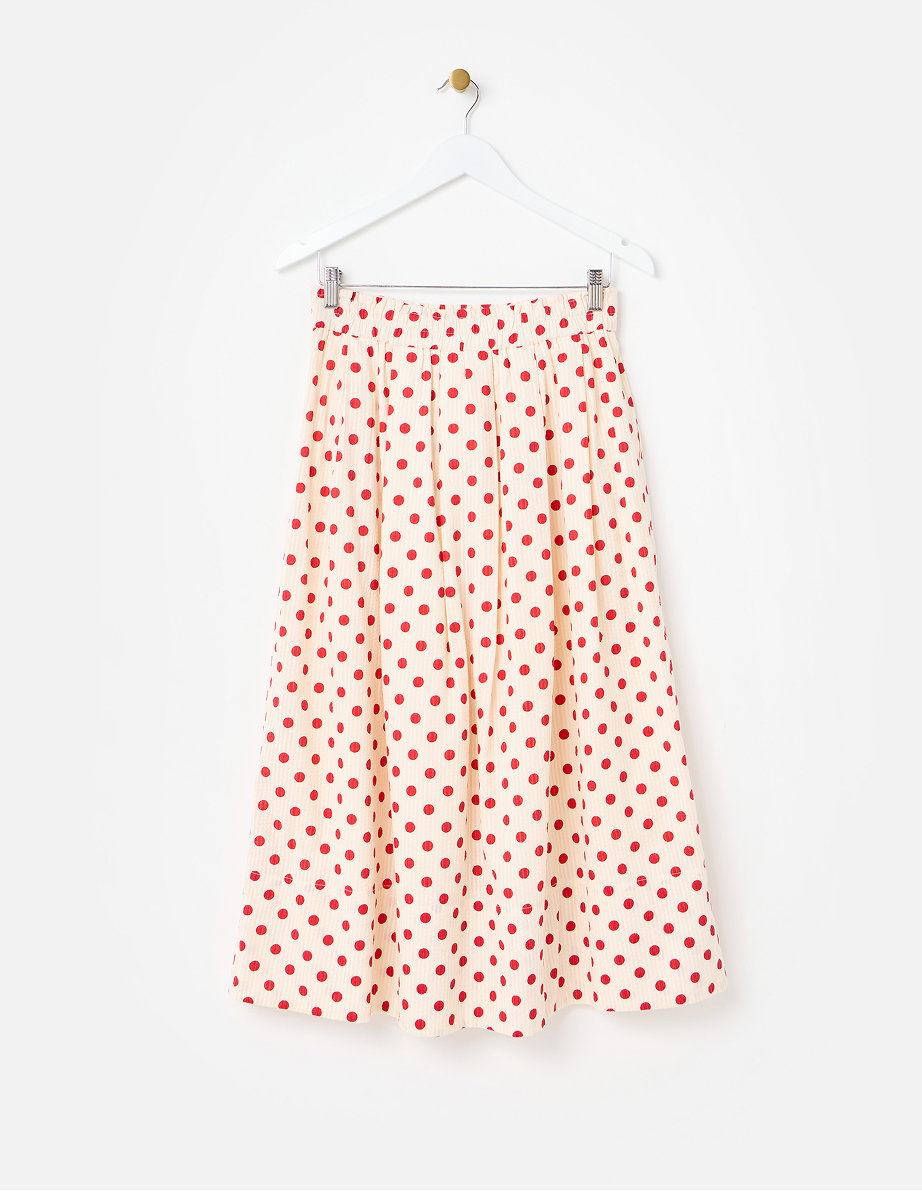 Cream & Red Polka Dot Elasticated Waist Midi Skirt