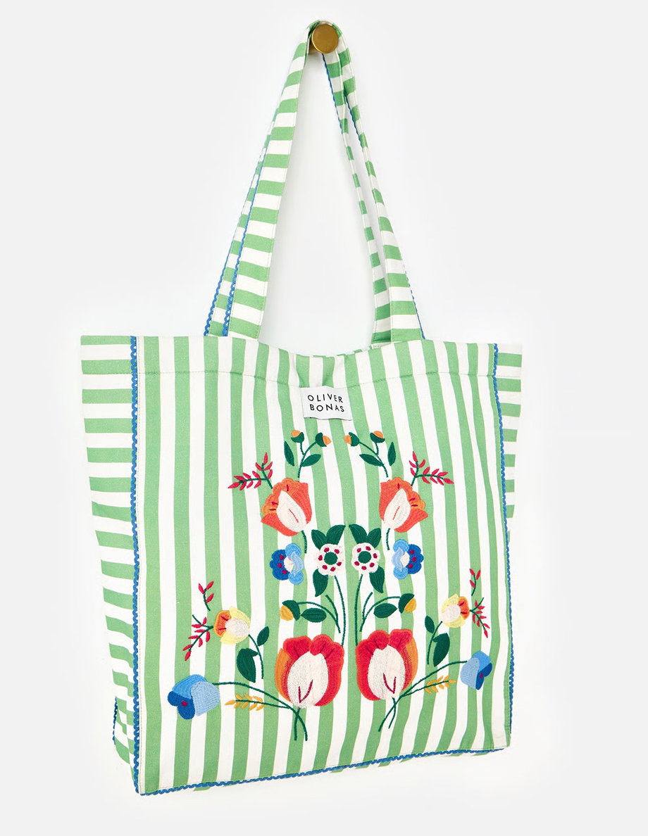 Green & White Striped Floral Embroidered Tote Shopper Bag