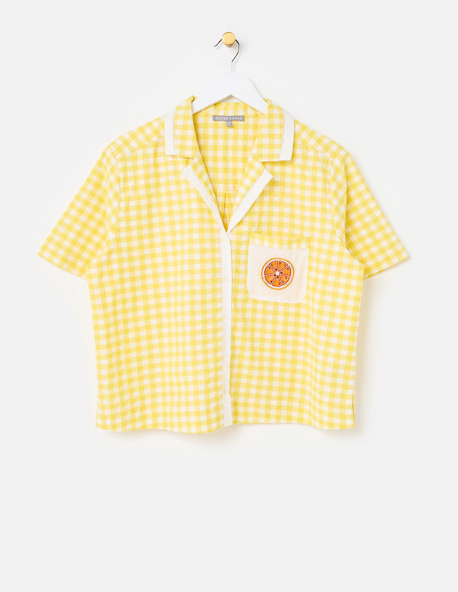 Yellow Gingham Orange Embroidered Short Sleeve Shirt