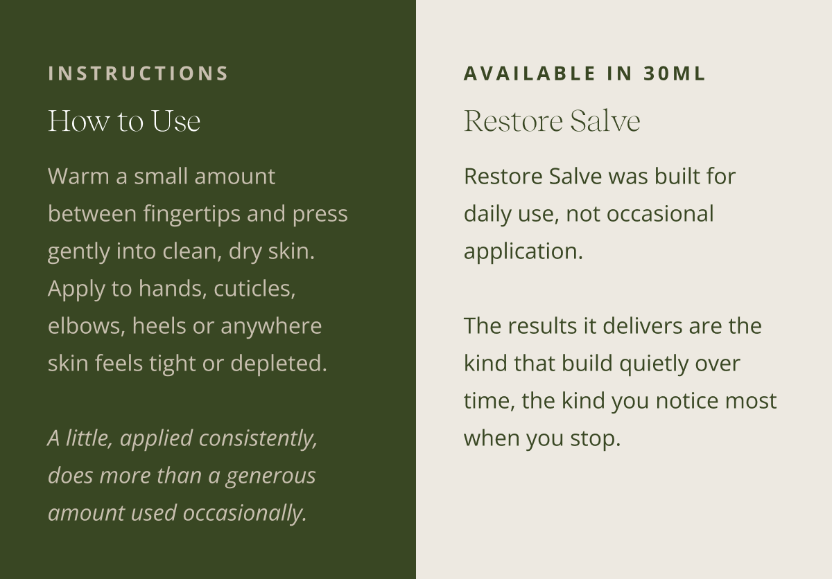 Most hand products are largely water. They absorb quickly, feel immediate, and disappear within the hour, leaving skin needing reapplication before the day is done.