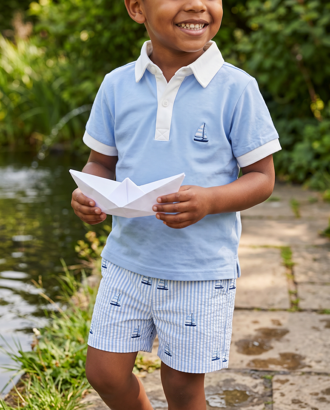 Sailboat Embroidered Seersucker Shorts Set