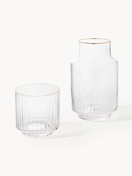 Jarra soplada y vaso con borde dorado Aleo, set de 2