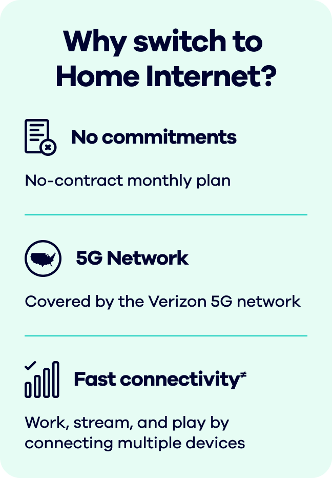Why switch to 5G Home Internet? No commitments. No-contract monthly plan. 5G Network  Covered by the Verizon 5G network. Fast connectivity≠  Work, stream, and play by connecting multiple devices