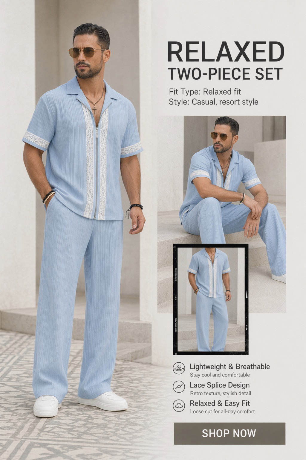 resort-casual-lace-patchwork-shirt-pants-set