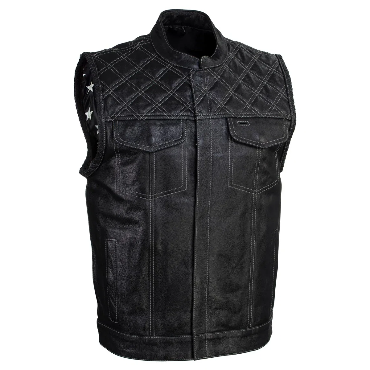 Image of Milwaukee Leather LKM3784 Men's Classic Black Leather Motorcycle Rider Vest Stars and Stripes Design w/ USA Flag Liner