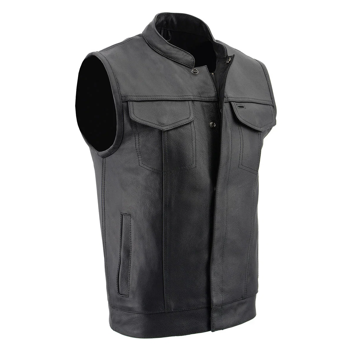 Image of Milwaukee Leather LKM3713 Men's Black Leather Club Style Motorcycle Rider Vest W/ Dual Closure Zipper and Snaps