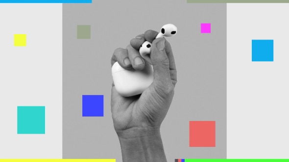 A graphic features a black and white image of a single hand holding two airpods and an airpod case against a grey background. Several multi-coloured squares and rectangles are overlaid.