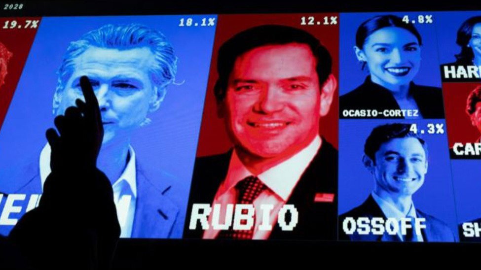 A digital screen shows pictures of US political figures with their names and percentages, coloured in blue and red. Marco Rubio and Alexandra Ocasio-Cortez are pictured clearly as a hand points up in silouette against the illuminated sign.