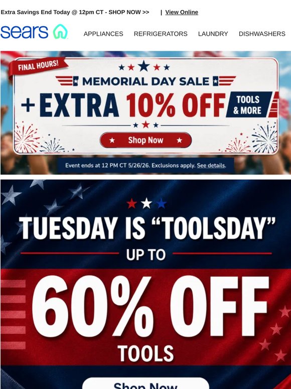 Last chance, Shopper! ⏰ Extra 10% savings ends at noon! 🔥 Plus, up to 60% off tools!