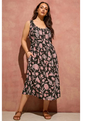 EVANS Curve Rust Brown Botanical Print Sundress