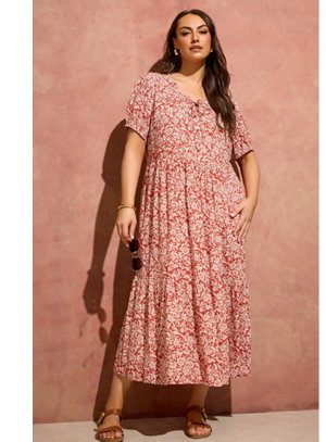 EVANS Curve Orange Ditsy Tie Neck Dress