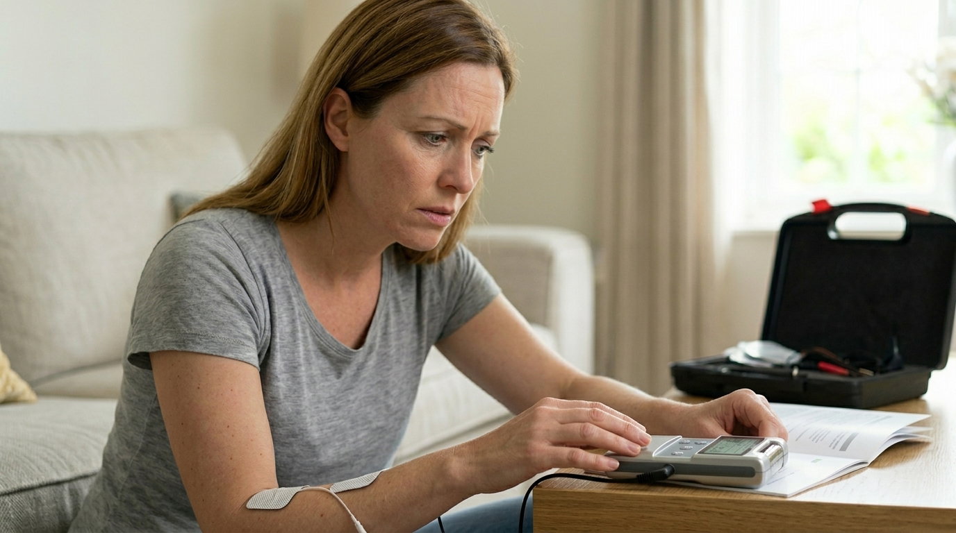 A confused woman using a TENS unit