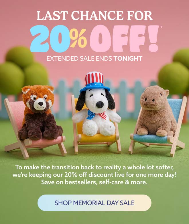 Red Panda, Americana Snoopy, and Capybara Warmies relaxing on backyard lounge chairs. Shop Memorial Day Sale.