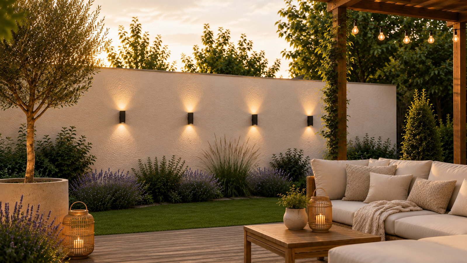 Garden with 4 Salma wall lights at sunset