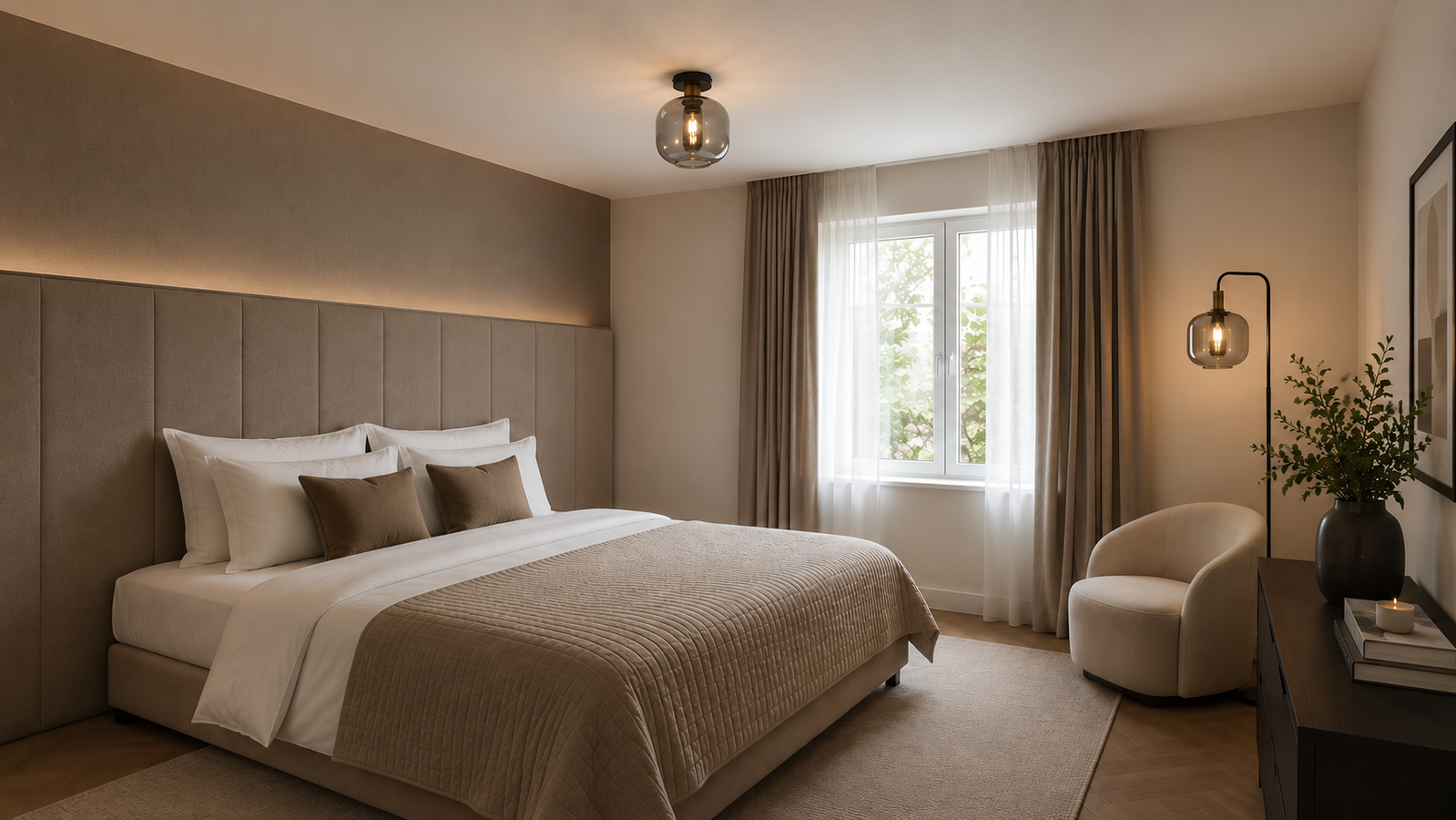 An atmospheric photo of a bedroom featuring a ceiling light and a floor lamp by Lusenz