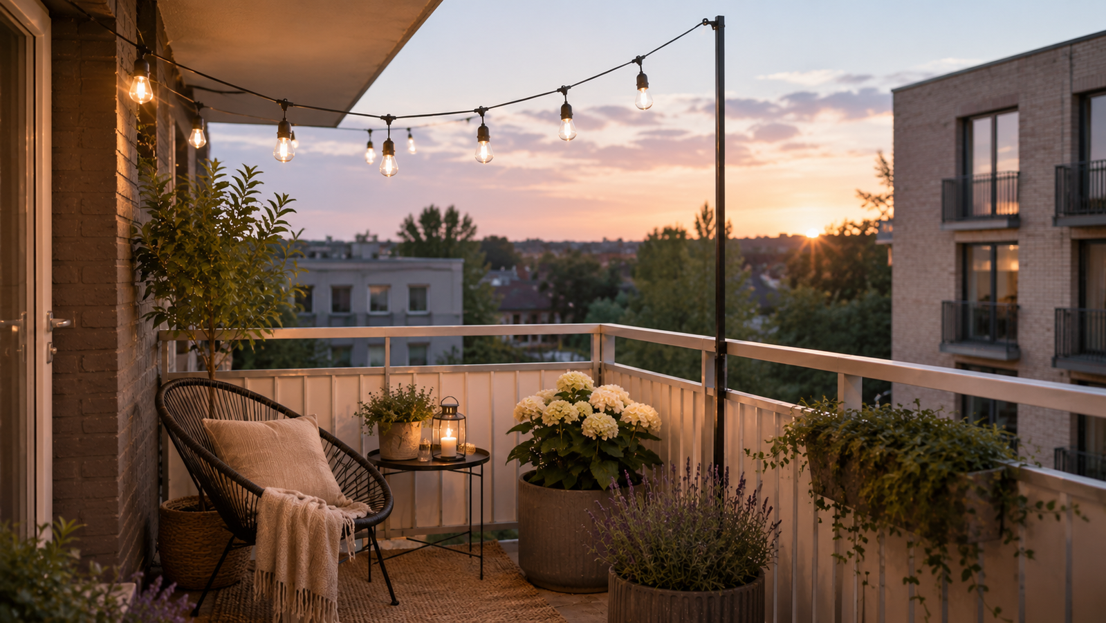 String lights, hung up to create a cosy atmosphere on a balcony