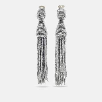 Beaded Silver Tone Long Tassel