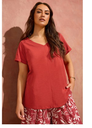 EVANS Curve Rust Orange V-Neck Cotton T-Shirt