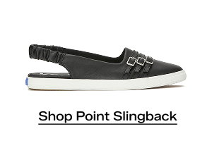 A side view of the Point Slingback Leather Deco Buckles flat in black. Shop Now.