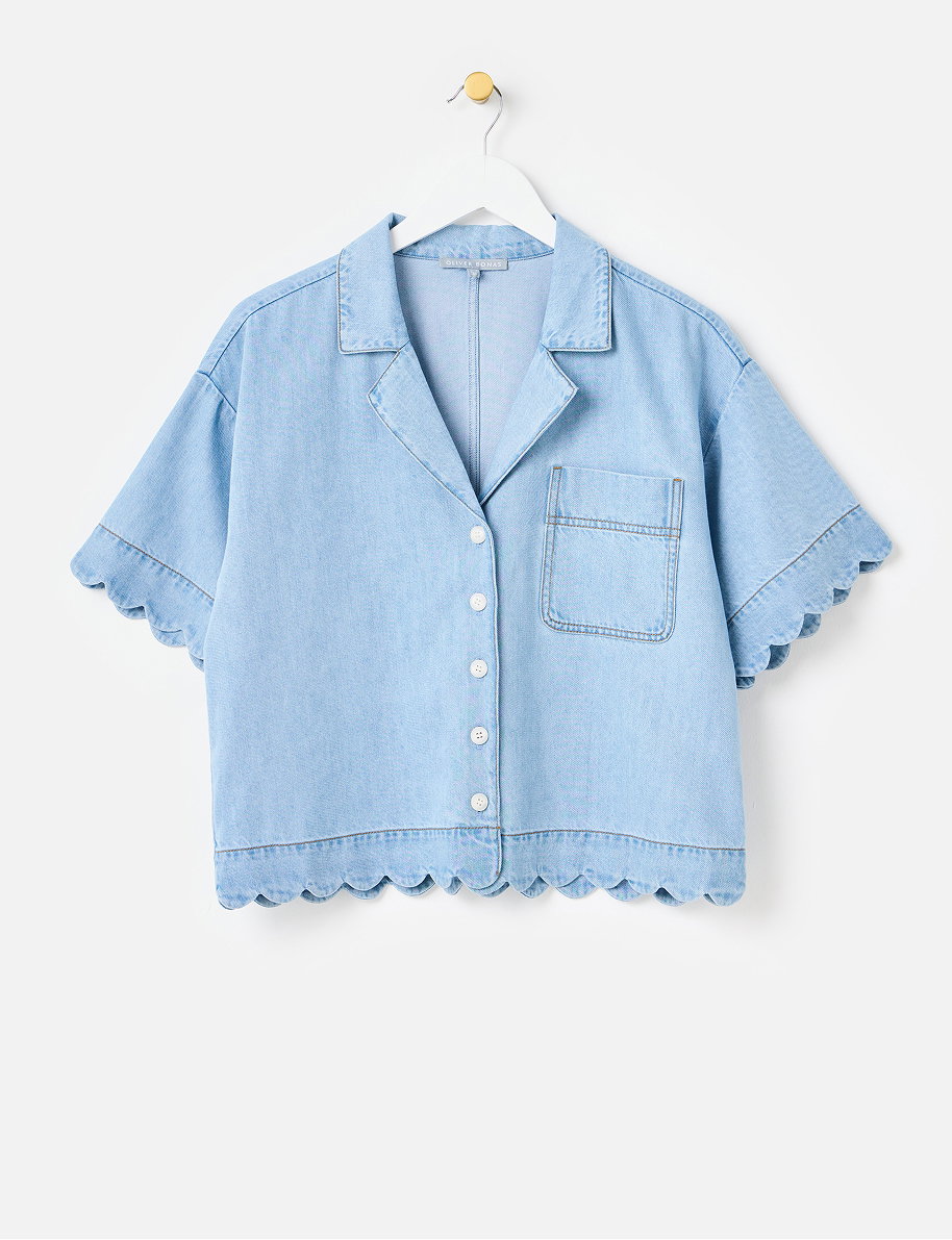 Light Blue Denim Scalloped Short Sleeve Shirt