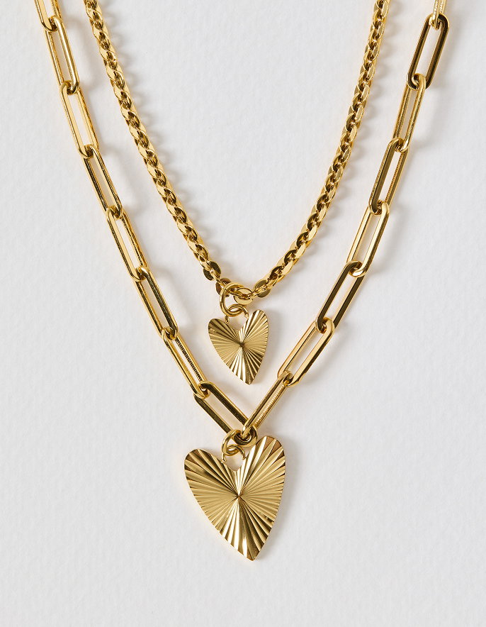 Melony Gold Tone Waterproof Double Row Etched Heart Pendant Necklace