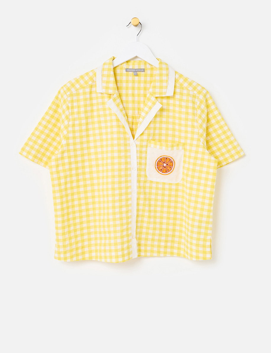 Yellow Gingham Orange Embroidered Short Sleeve Shirt