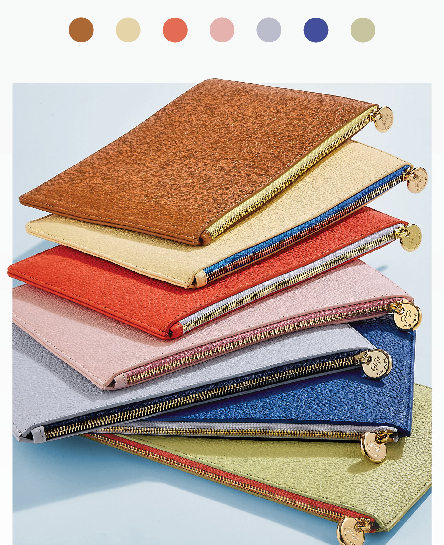 The Birdie Pouch in Tan, Chiffon, Coral, Pink, Periwinkle, Cobalt, and Celadon.