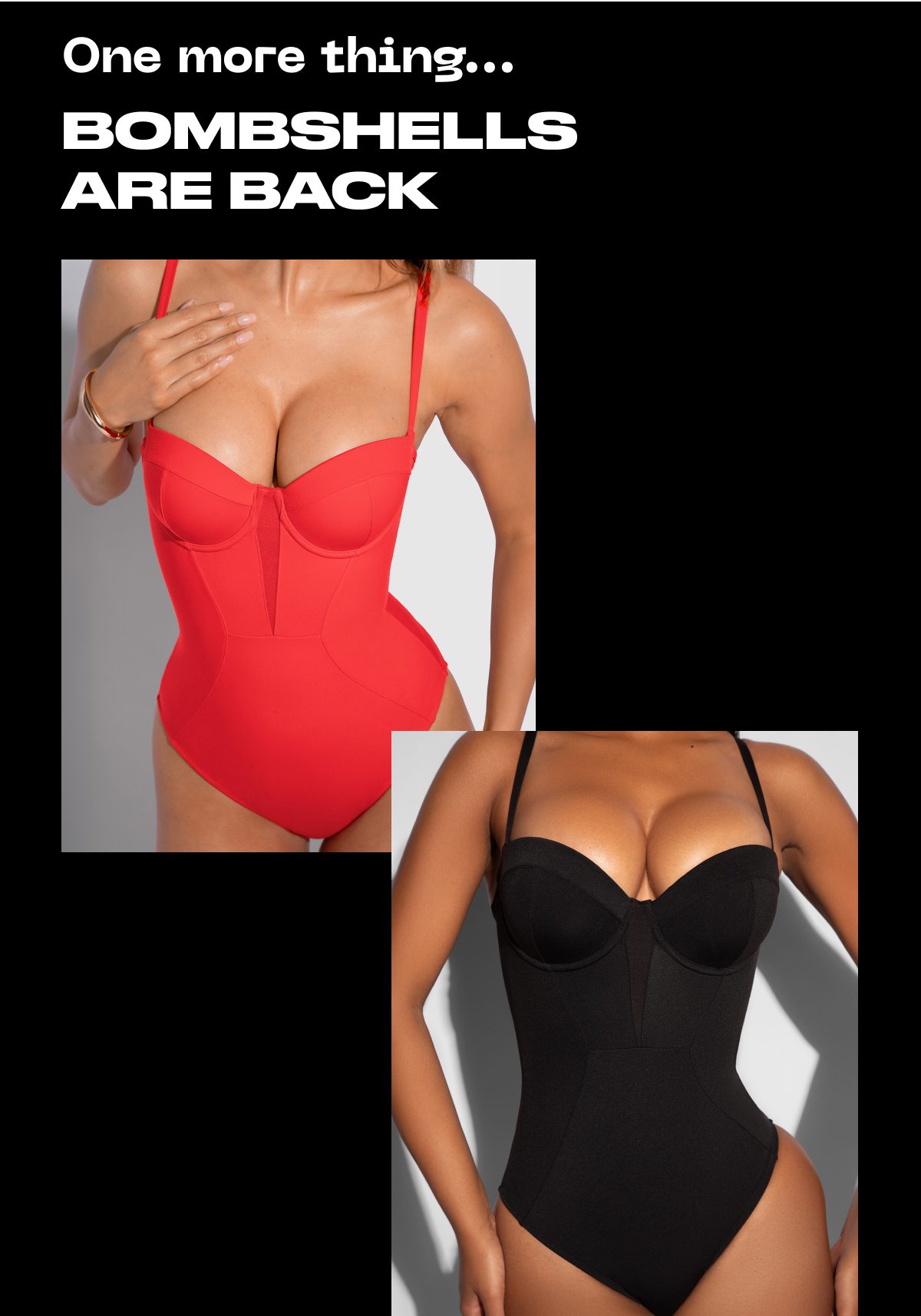 Red and black bombshell swimsuits displayed on a black background.