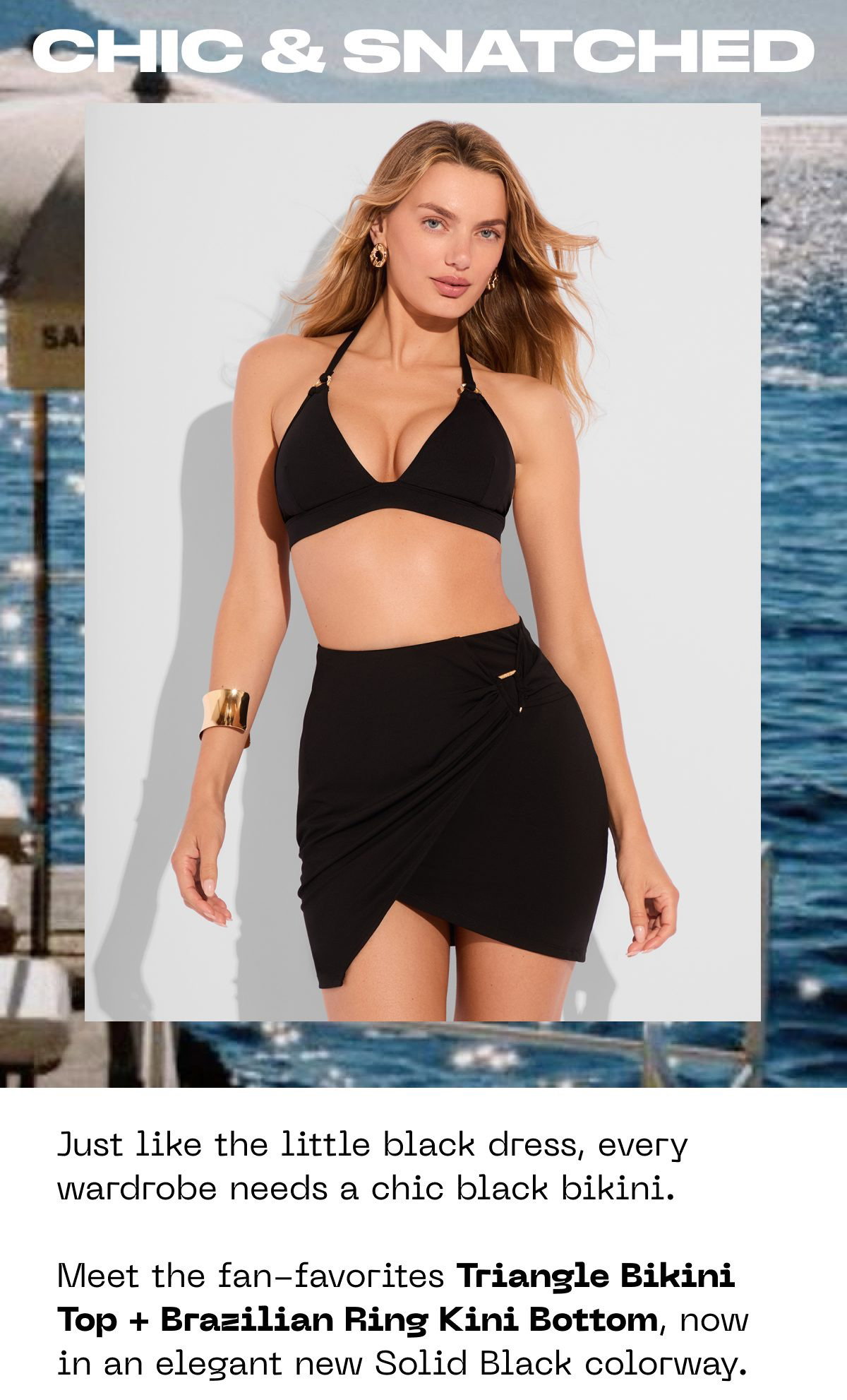 Black bikini top and skirt set with text about fan-favorites and a call to action.