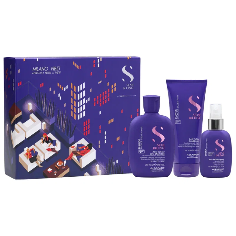 Image of Alfaparf semi di lino blonde kit anti-yellow shampoo 250 ml - conditioner 200 ml e spray 125 ml - trattamento antigiallo