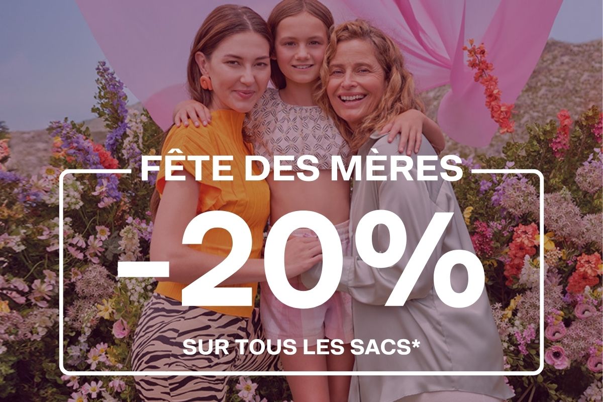 Une image avec trois générations de femmes : grand-mère, mère et fille, avec par dessus le texte "Fête des mères, -20% sur tous les sacs"