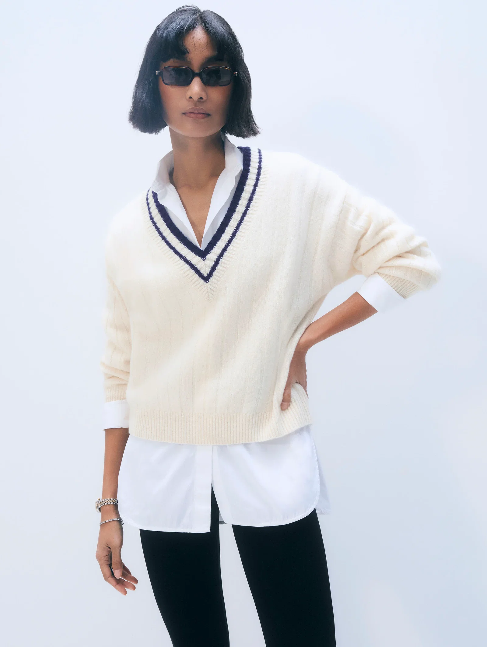 Image of Cashmere Varsity V Neck | Soft White & Deep Navy