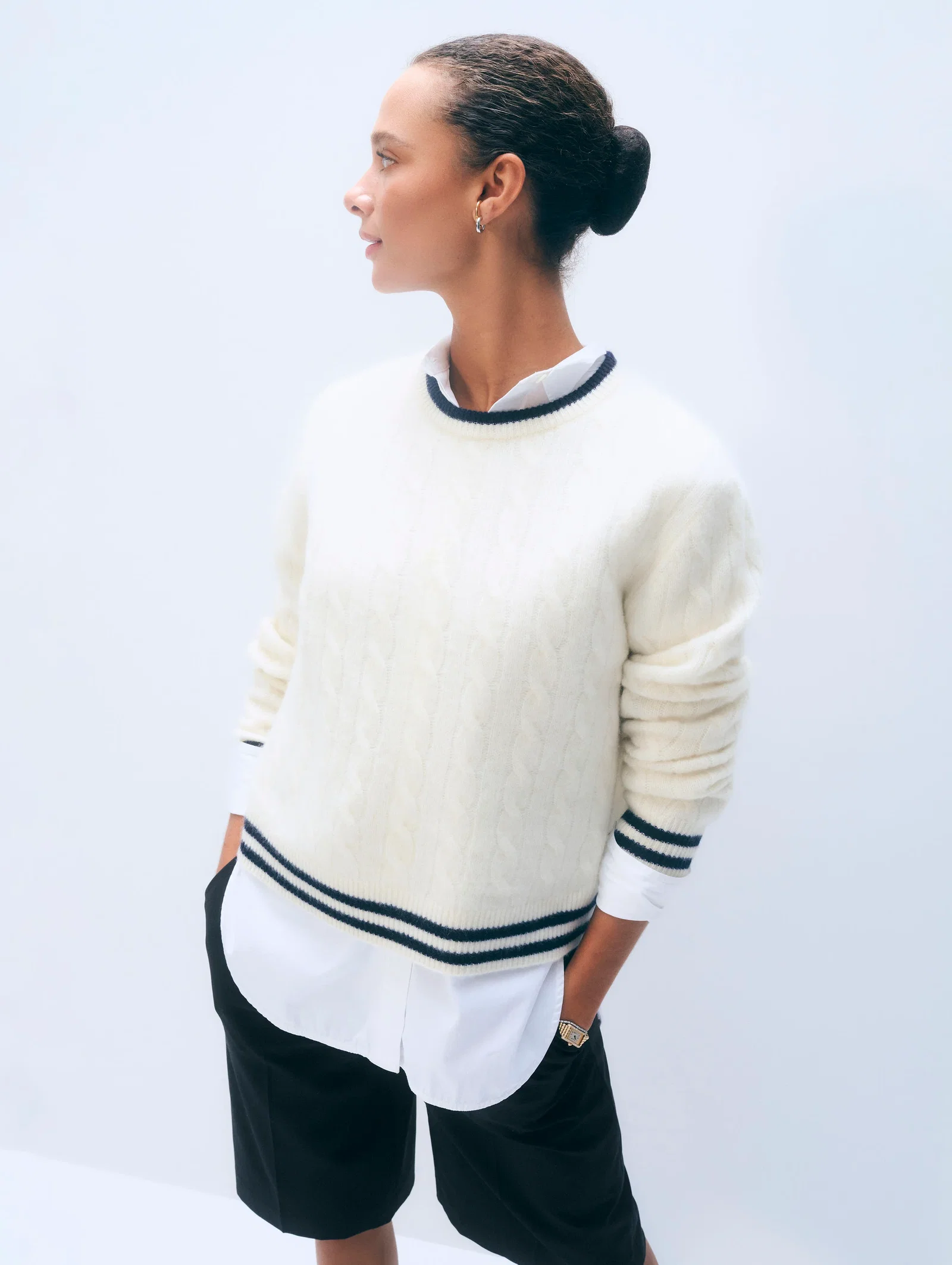 Image of Cashmere Varsity Cable Crewneck | Ivory/Navy