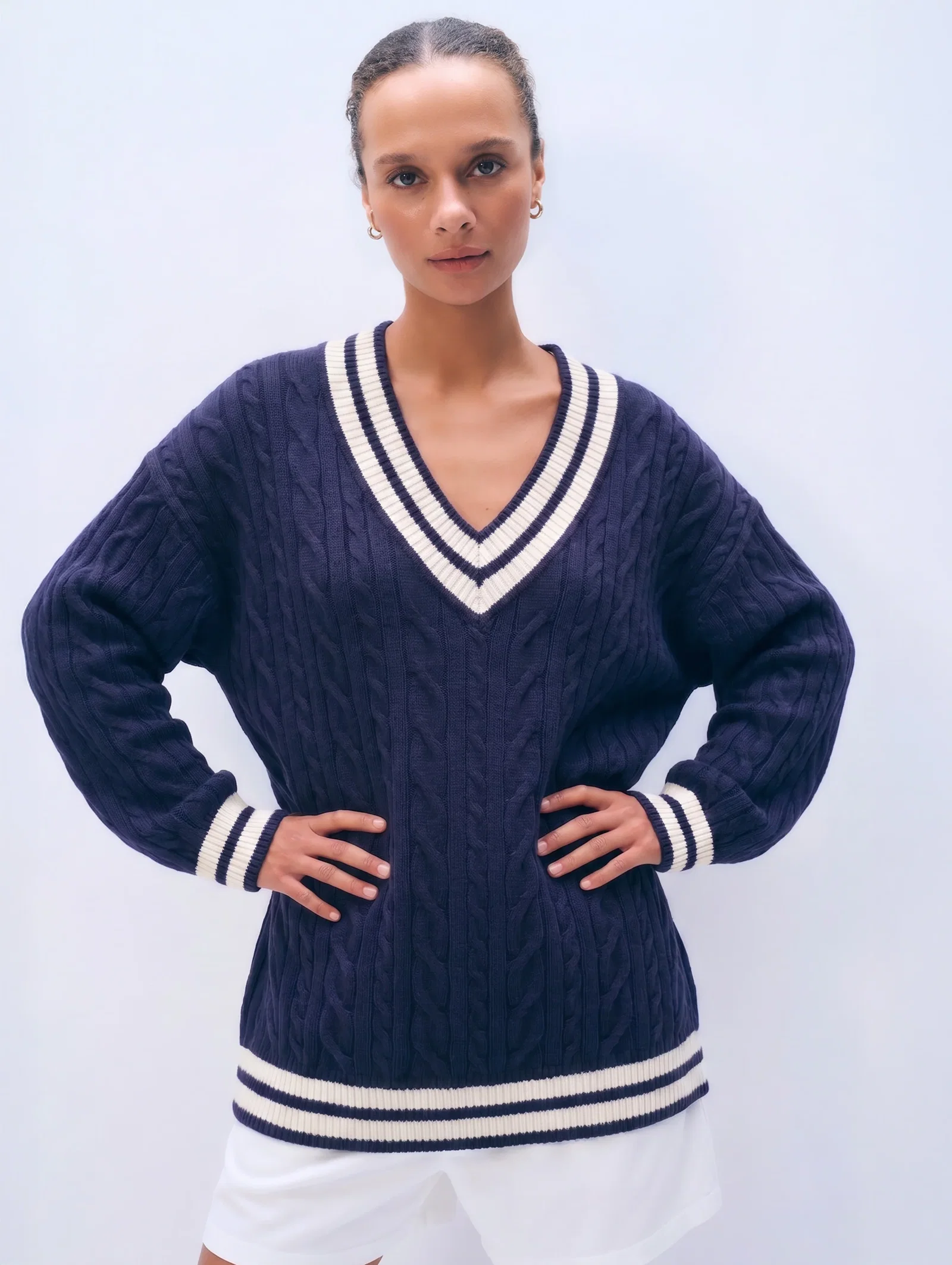 Image of Varsity Cotton V Neck | Navy/Ivory