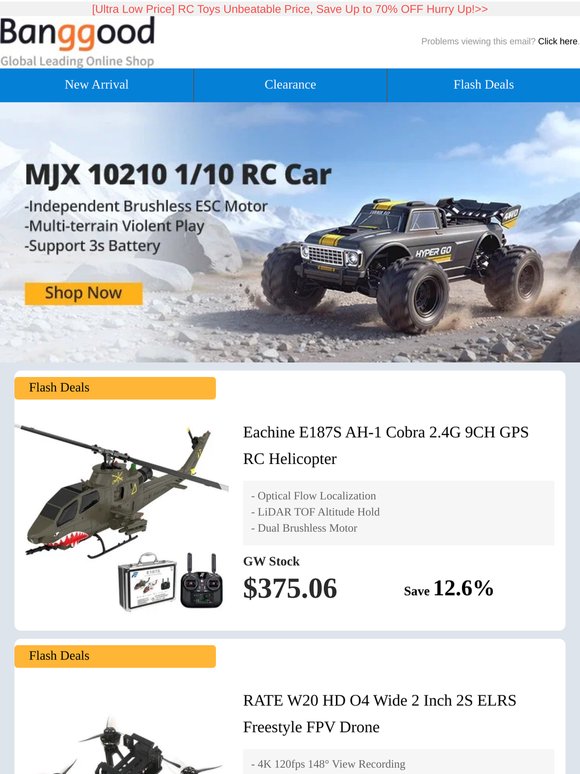 [New Release] MJX HYPER GO 10210 RC Car Only $299, Eachine E187S AH-1 Cobra Helicopter From $375, Grab Now>>>