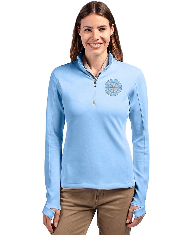 Image of Seattle Mariners Mono Cutter & Buck Traverse Recycled Smooth Stretch Womens Quarter Zip Pullover