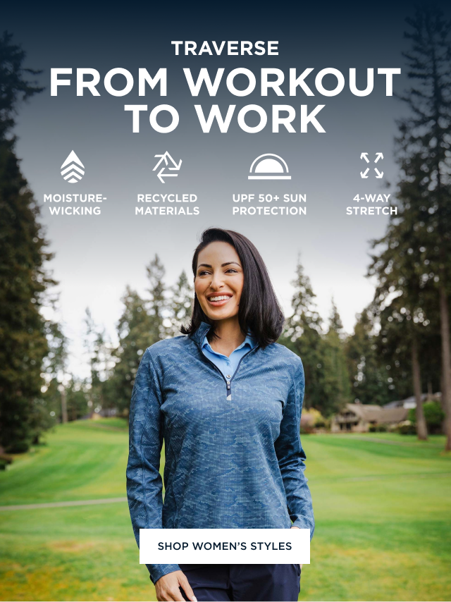 Woman on a golf course wearing a blue camo quarter zip | Shop Women's Styles