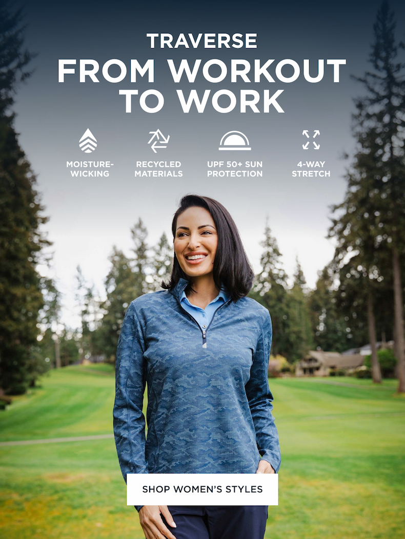 Woman on a golf course wearing a blue camo quarter zip | Shop Women's Styles
