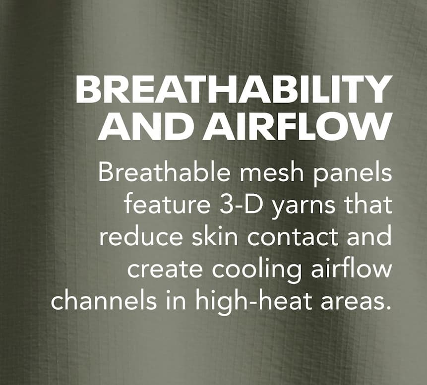 Breathability And Airflow. Breathable mesh panels feature 3-D yarns that reduce skin contact.
