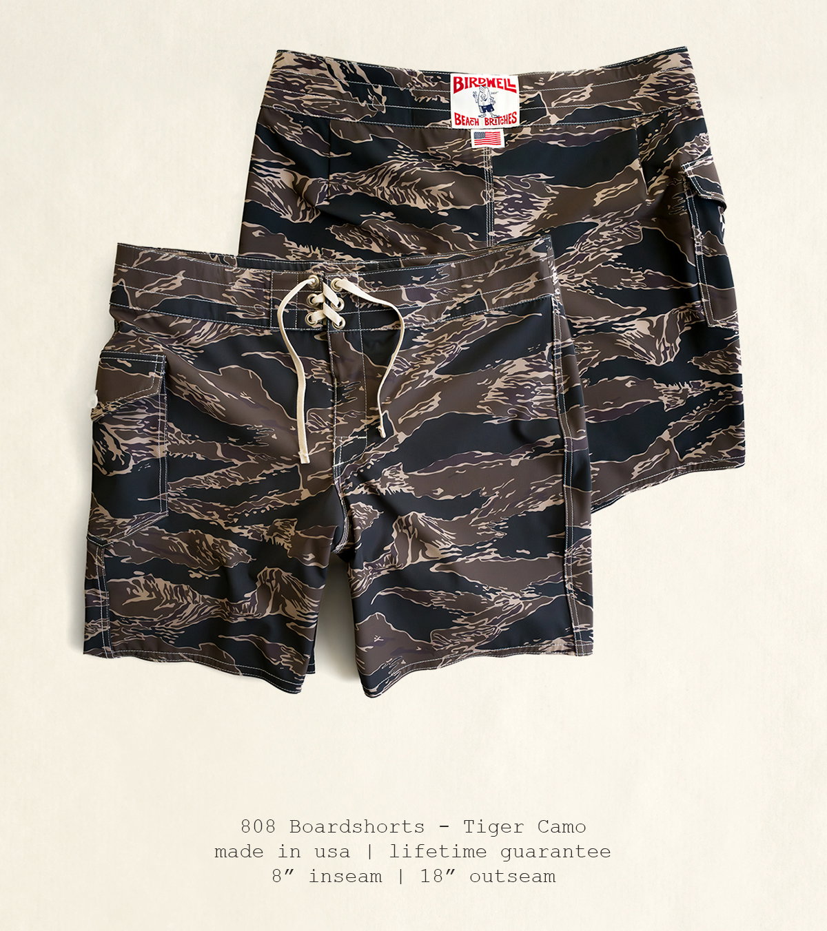 808 Boardshorts - Tiger Camo | made in usa | lifetime guarantee | 8" inseam | 18" outseam