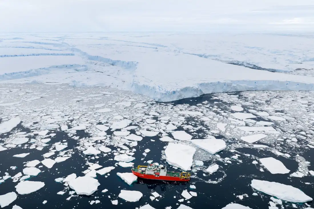 The Araon, a South Korean ice-breaker vessel, navigates a bed of sea ice near the Thwaites glacier in January 2026