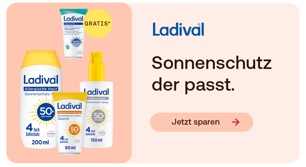 Ladival Sonnenschutzprodukte für verschiedene Hauttypen mit SPF 50+. Text: „Sonnenschutz der passt.“ Button: „Jetzt sparen“.
