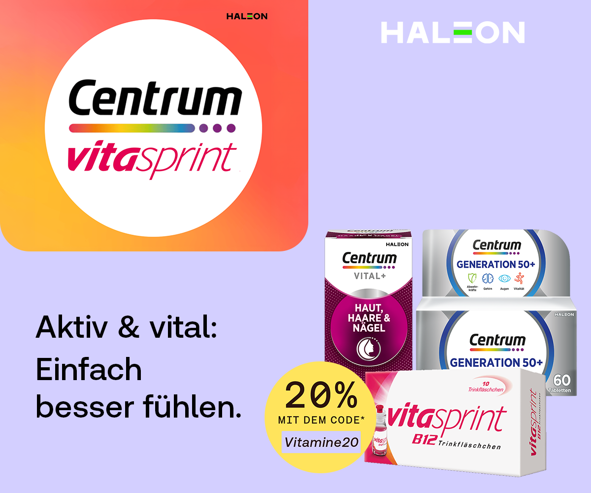 Produkte von Centrum und Vitasprint für Vitalität und Nahrungsergänzung. Text: „Aktiv & vital: Einfach besser fühlen.“ Hinweis: „20 % mit dem Code Vitamine20“.