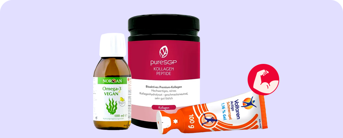 Produkte mit Omega-3, Kollagen und Voltaren Schmerzgel. Symbol für Bewegung und Wohlbefinden.