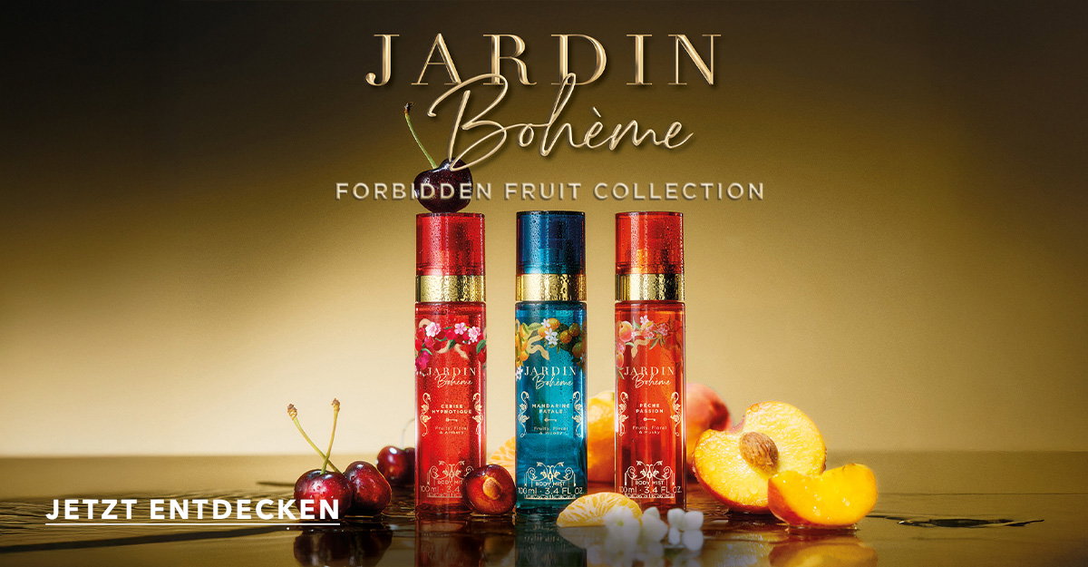 Entdecken Sie die Jardin Bohème Forbidden Fruit Collection mit drei Duftsprays in roten und blauen Flakons, die fruchtige Noten von Kirsche, Mandarine und Pfirsich versprechen. Jetzt entdecken!