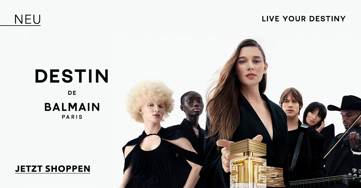 Entdecke das neue Destin de Balmain Paris, ein Duft, der deine Bestimmung verkörpert, umhüllt von einem goldenen Flakon und einer vielfältigen Gruppe von Menschen. Jetzt shoppen!'