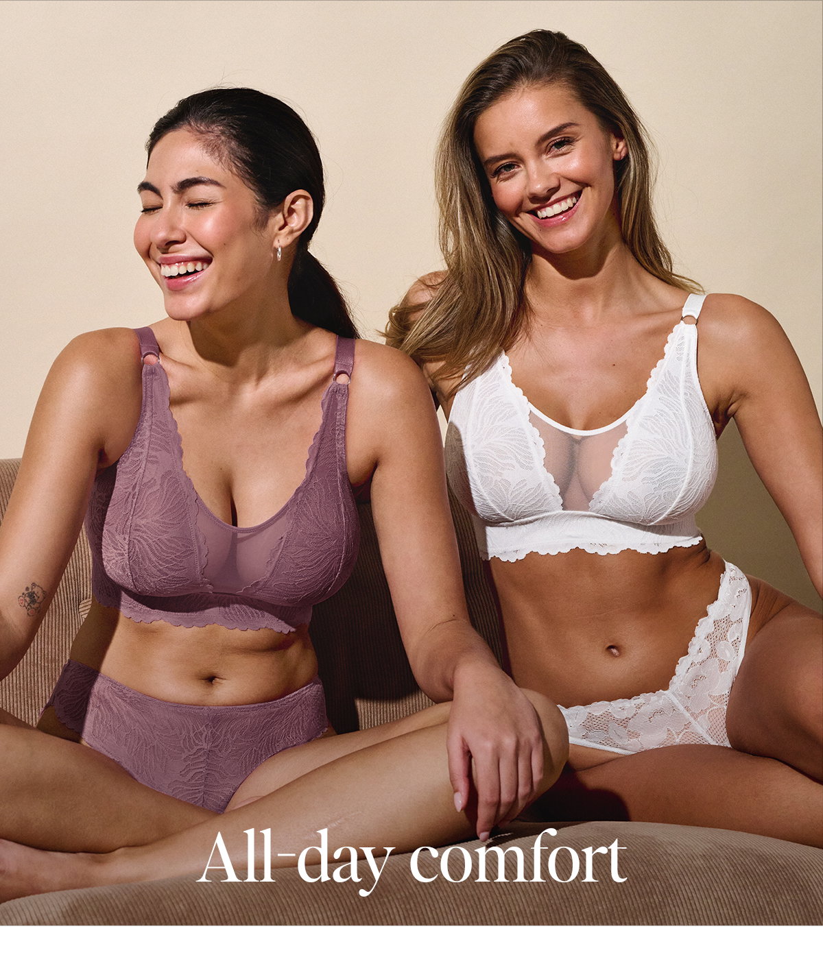 All-day comfort. Models wear Celeste Non-Wired Bra in Mauve (R) and White (L)