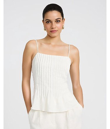 Summer-Blend Linen Pintuck Peplum Cami in Ivory