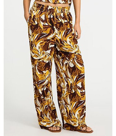 Summer-Blend Linen Printed High Waisted Pull On Wide Leg Pant in Yellow Print